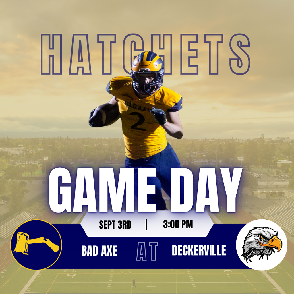 Football Game Day Graphic, Player in Yellow Jersey Running, Bad Axe vs Deckerville, 3PM Sept 3rd