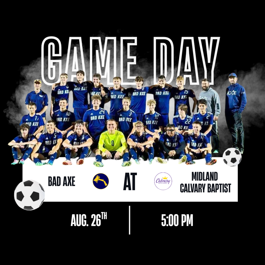 Bad Axe vs Midland Calvary game post, Aug 26th, 5pm, black background with smoke, team photo