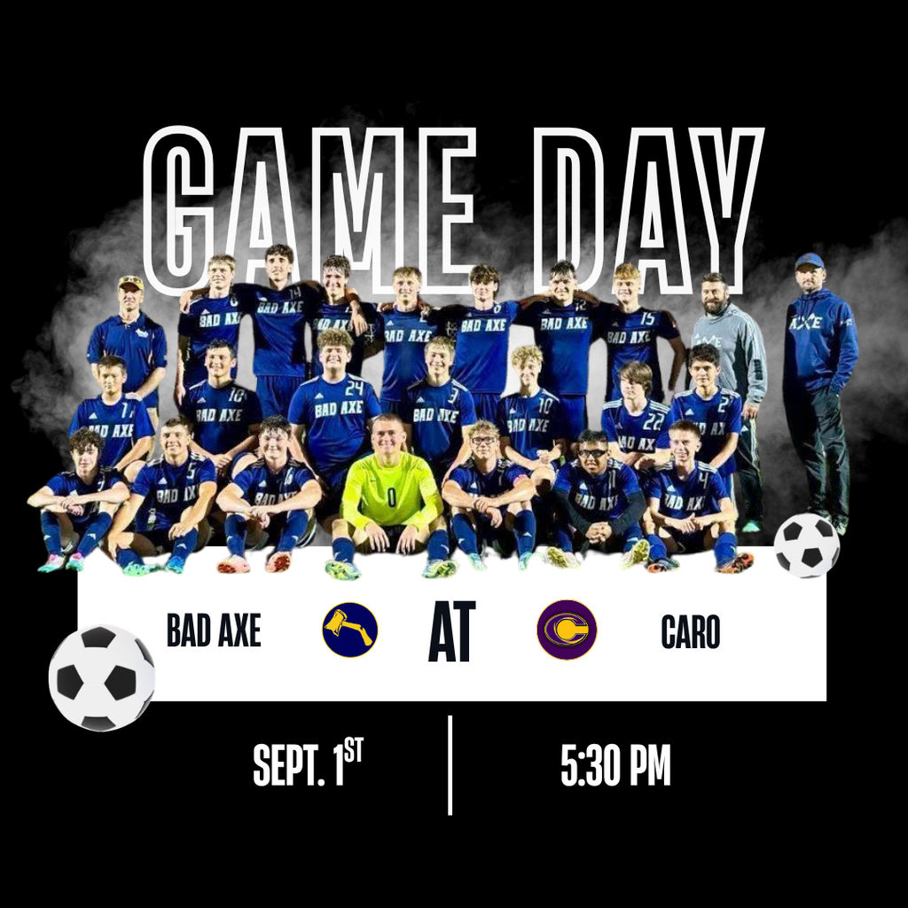 Bad Axe vs Caro game post, Sept 1st at 5:30pm, black background with smoke, team photo