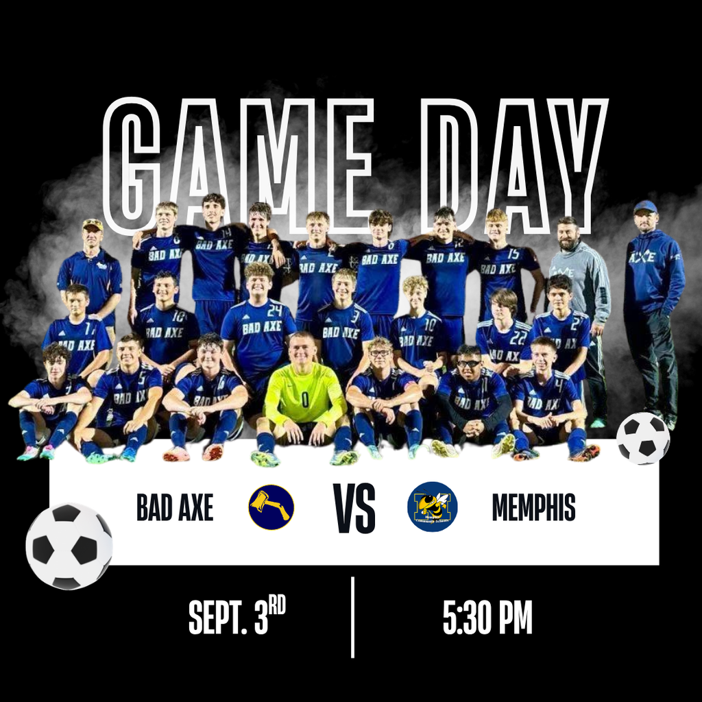 Bad Axe vs Memphis game post, September 3rd at 5:30pm, black background with smoke, team photo