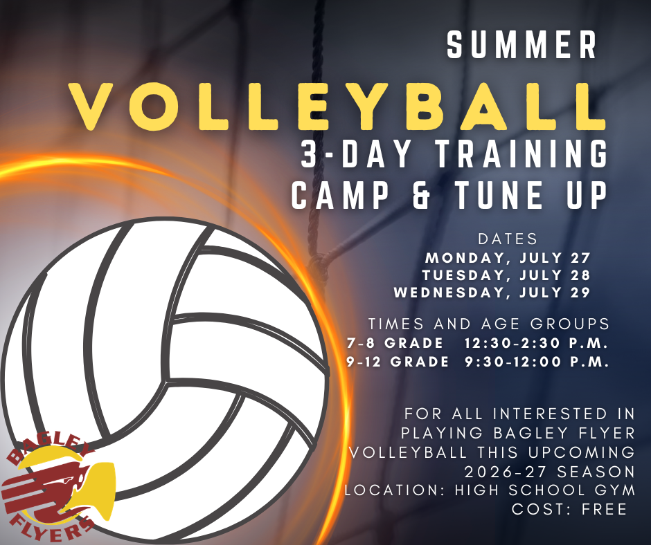 BHS Volleybaoll camp July 27, 28, 29 7th and 8th 12:30-2:30 and 9th -12th 9:30-12:00!