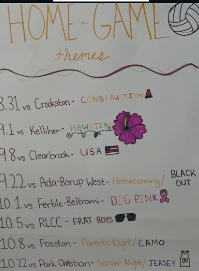 Themes:9-1 vs. Kelliher-Hawaiian, 9-8 vs Clearbrook-USA, 9-22 vs Ada BlackOUt, 10-1 vs Fertile-DIG Pink, 10-5 vs RLCC-Fratt Boys, 10-8 vs Fosston-Camo, 10-22 vs Park Christian-Jersey