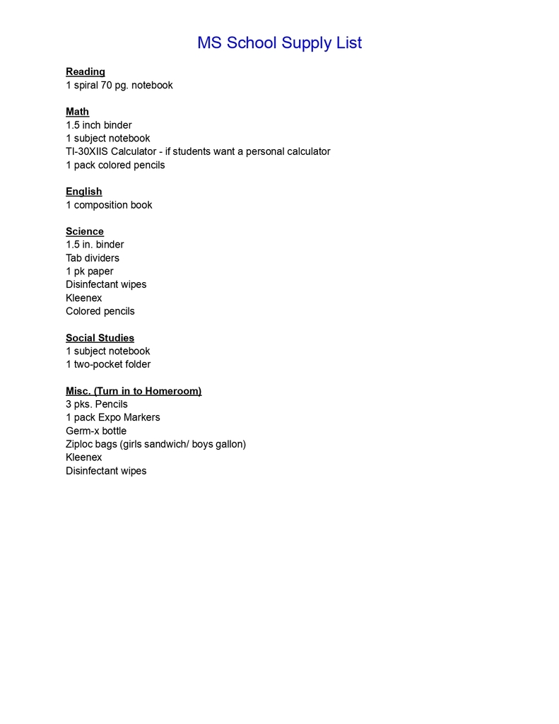 MS School Supply List