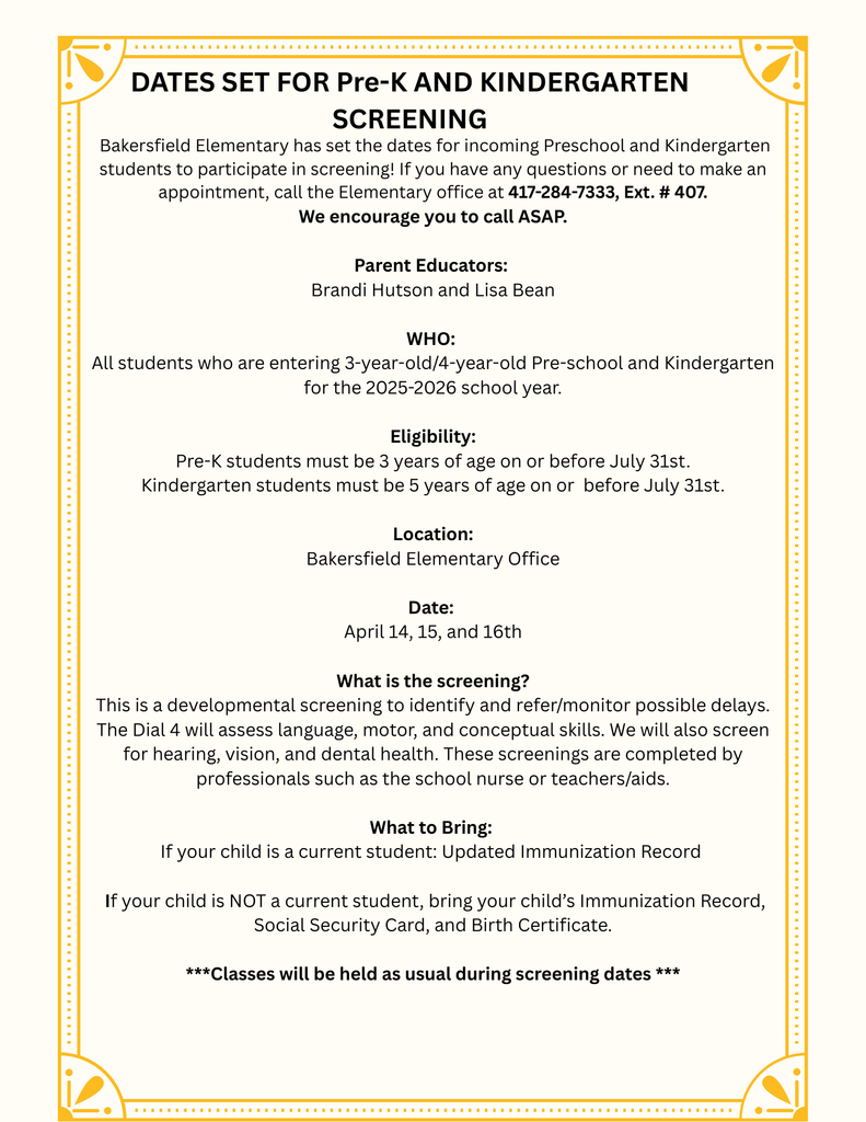 Kindergarten Screening Schedule