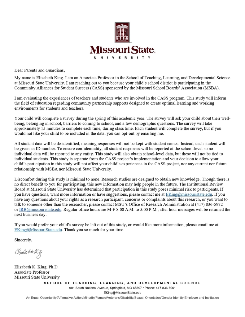 Parent/Guardian note regarding CASS program