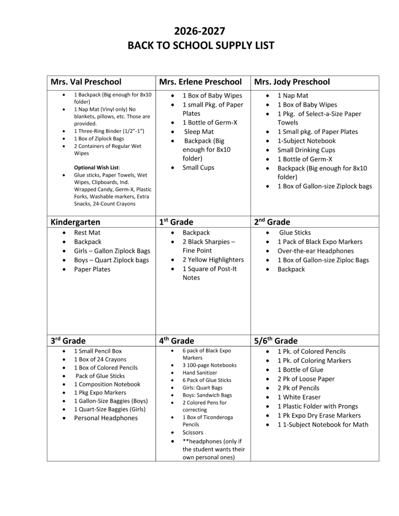 Elem School Supply List