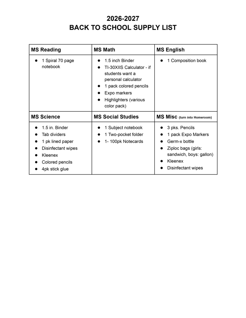 MS School Supply List