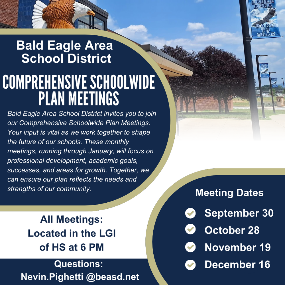 At the top, there's a photograph of a modern school building with a large eagle statue in front, and a "DARE TO SOAR" banner visible on a lamppost.  The main text on the poster reads: "Bald Eagle Area School District COMPREHENSIVE SCHOOLWIDE PLAN MEETINGS Bald Eagle Area School District invites you to join our Comprehensive Schoolwide Plan Meetings. Your input is vital as we work together to shape the future of our schools. These monthly meetings, running through January, will focus on professional development, academic goals, successes, and areas for growth. Together, we can ensure our plan reflects the needs and strengths of our community."  Further down, there are two sections: On the left: "All Meetings: Located in the LGI of HS at 6 PM"  "Questions: Nevin.Pighetti @beasd.net"  On the right, titled "Meeting Dates" with bullet points: "September 30 October 28 November 19 December 16"