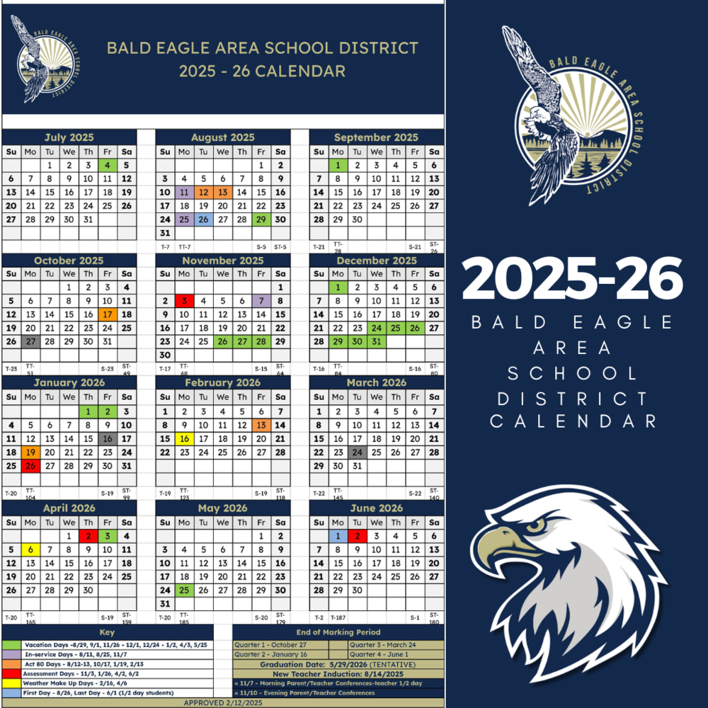 A digital image of the 2025-26 Bald Eagle Area School District Calendar. The left side displays a detailed monthly calendar from July 2025 to June 2026, color-coded to indicate vacation days, in-service days, Act 80 days, weather makeup days, and marking periods. A key at the bottom explains the color codes. The right side has a navy blue background featuring the Bald Eagle Area School District logo at the top, bold white text reading "2025-26 Bald Eagle Area School District Calendar", and an eagle mascot graphic at the bottom.