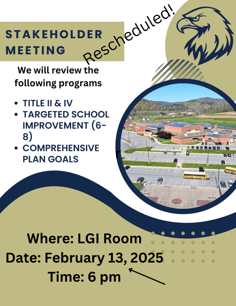 A flyer for the Bald Eagle Area School District's Stakeholder Meeting. The top left corner has a gold banner with bold navy text reading 'STAKEHOLDER MEETING.' Below, black text states, 'We will review the following programs,' followed by a bulleted list: 'Title II & IV, Targeted School Improvement (6-8), and Comprehensive Plan Goals.' The bottom section provides event details: 'Where: LGI Room, Date: February 6, 2025, Time: 6 pm.' The right side of the flyer features a circular image of the school campus with parking lots, buses, and surrounding hills. A stylized eagle mascot is in the top right corner, and the design includes navy and gold elements with geometric accents.