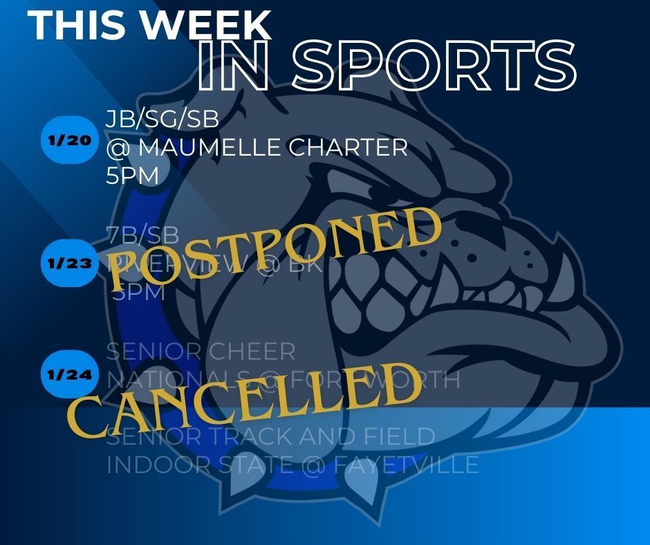  Due to the increased threat of incoming winter weather, there have been some changes to the BK sport schedule this week for the safety of our student athletes, fans, and families.  The basketball games against Riverview scheduled on Friday, January 23rd they have been postponed.  Once these are rescheduled that information will be communicated.   The two events scheduled on Saturday, January 24th; Cheer Nationals and Track and Field Indoor State meet, have both been cancelled.   Stay safe and Go Bulldogs!