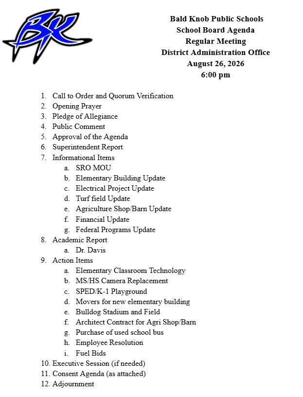 August Board meeting agenda