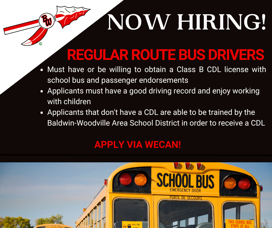 NOW HIRING graphic with a bus.