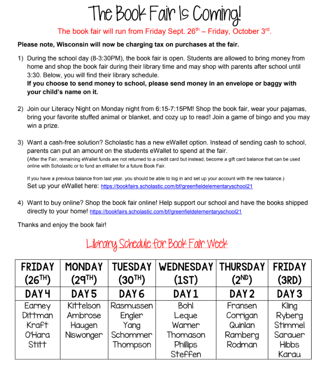 BOOK FAIR SCHEDULE