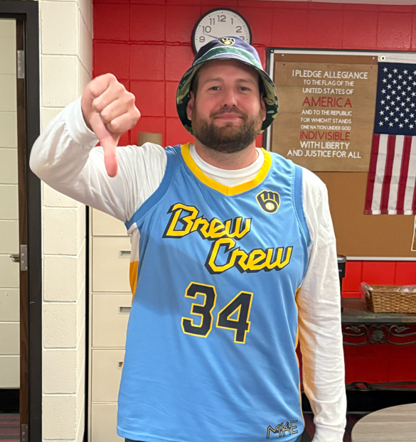 Mr. Sbertoli with a thumbs down in his Brewer gear.