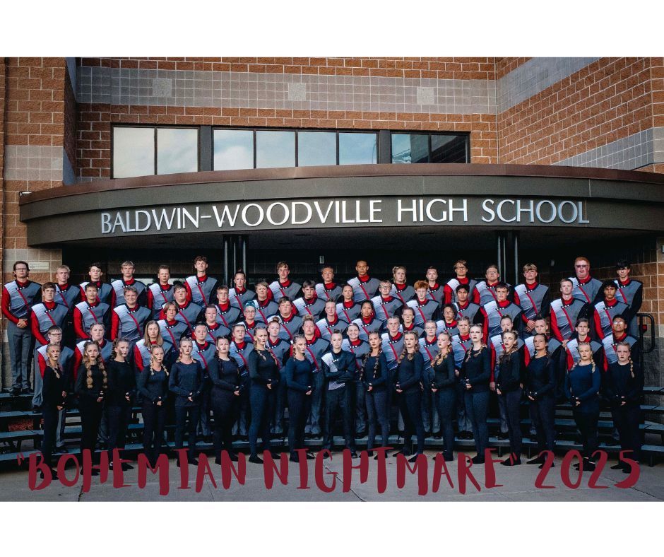 All band members in front of school.