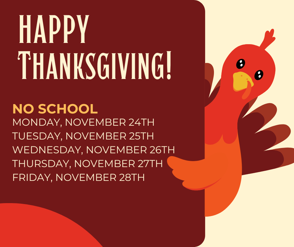 Cartoon turkey with a reminder of days off.