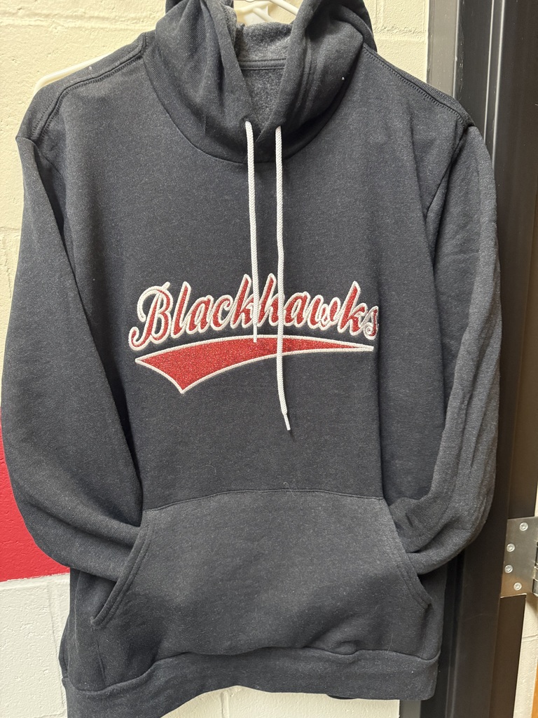 Grey sweatshirt with BLACKHAWKS on front.