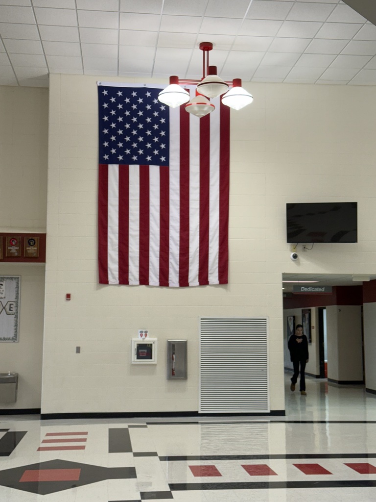 Flag hanging in the commons of the high school.