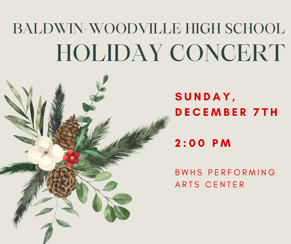 Holiday concert poster with pine cones and holly.