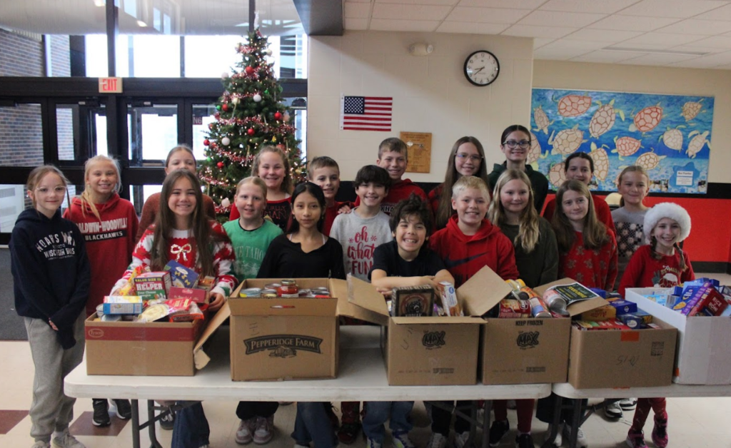 Students with the donations.