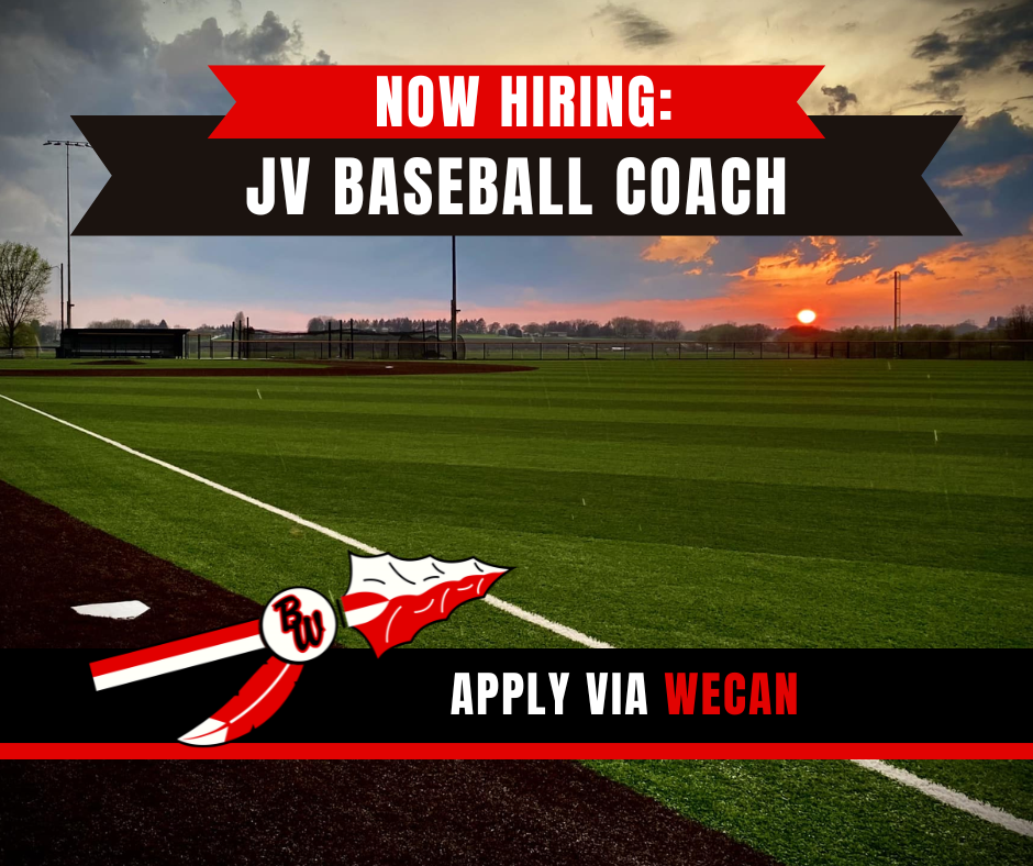 NOW HIRING graphic with a baseball field
