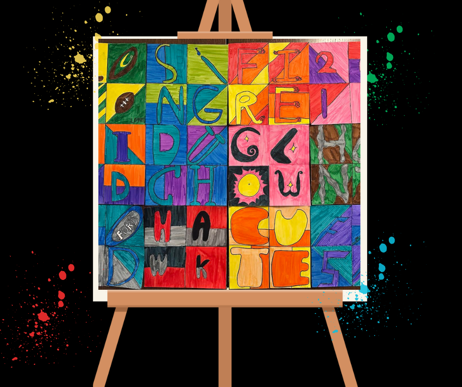 Art work on an easel.