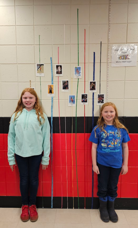 Student comparing their heights to basketball players.