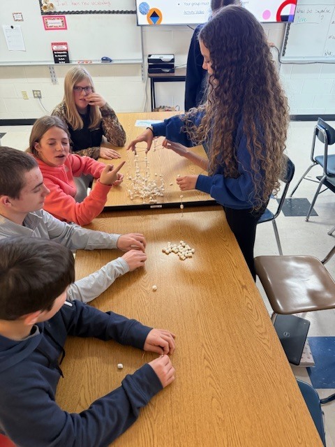 Students working together with the marshmallows.