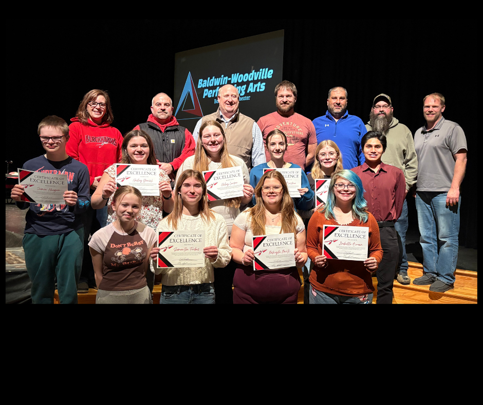 School board and members of the band with their certificates.