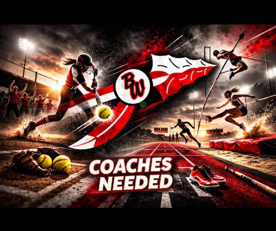 COACHES NEEDED with softball players and track in the background.