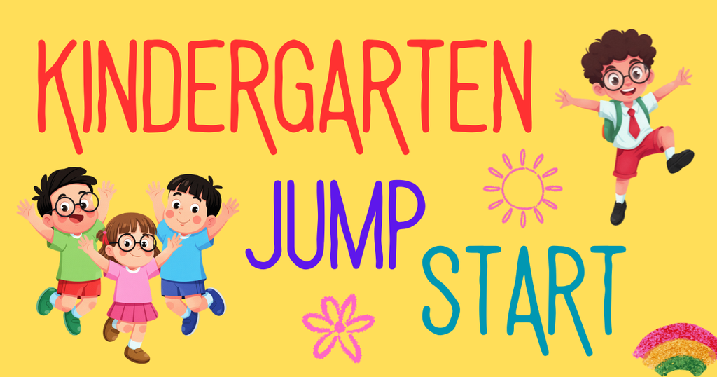 Drawing of kids jumping and artwork. Says KINDERGARTEN JUMP START