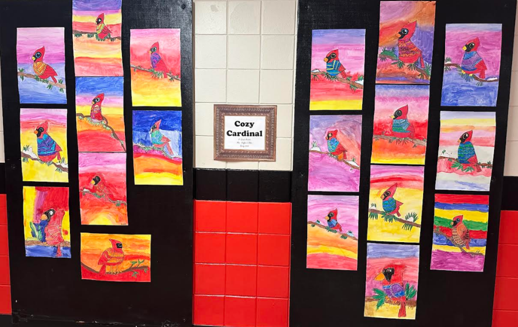 Display of Cozy Cardinals in the hallways.