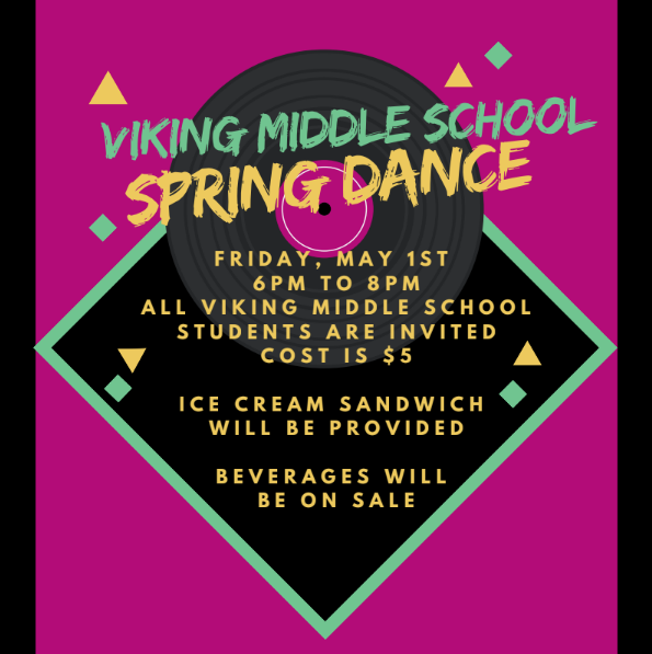 VIKING MIDDLE SCHOOL DANCE with a record and fun graphics.