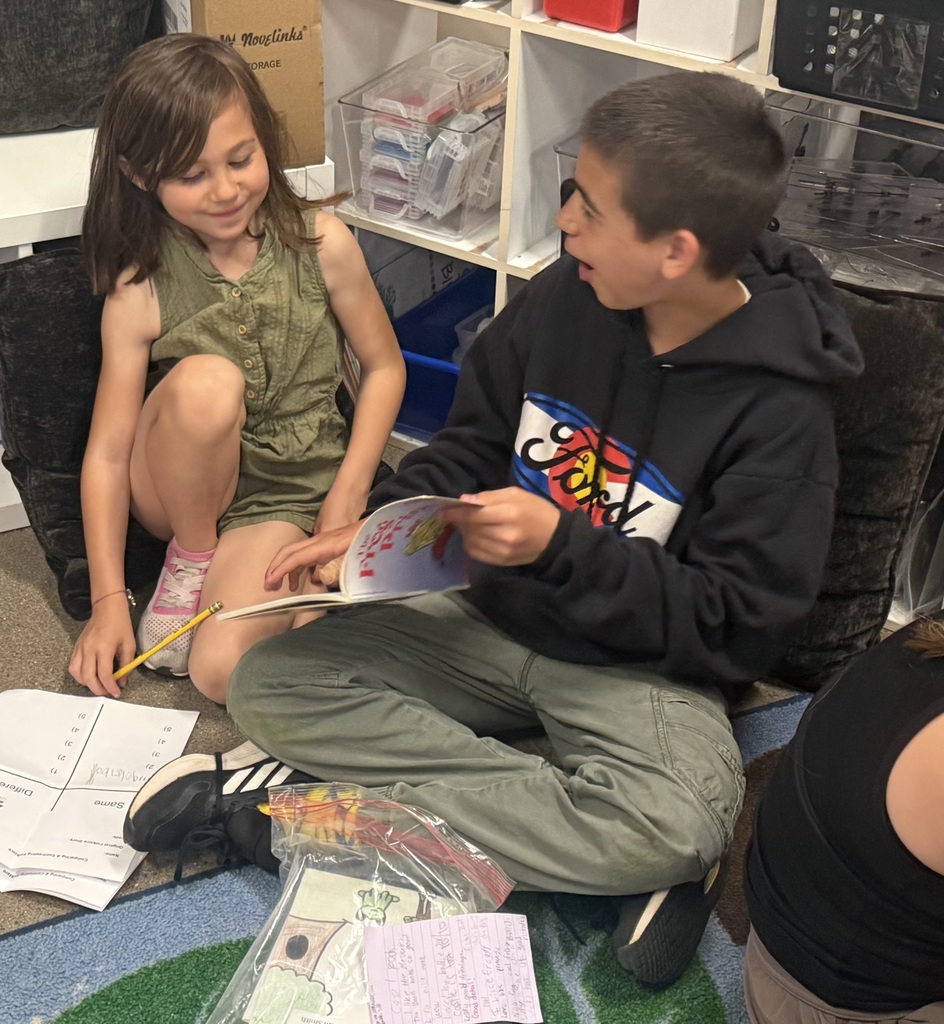 A 6th grade boy reading to a little kindergarten girl.