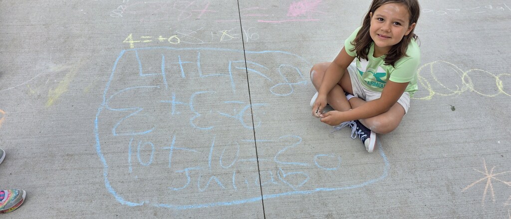 A little girl sitting on the sidewalk with math problems all around her.