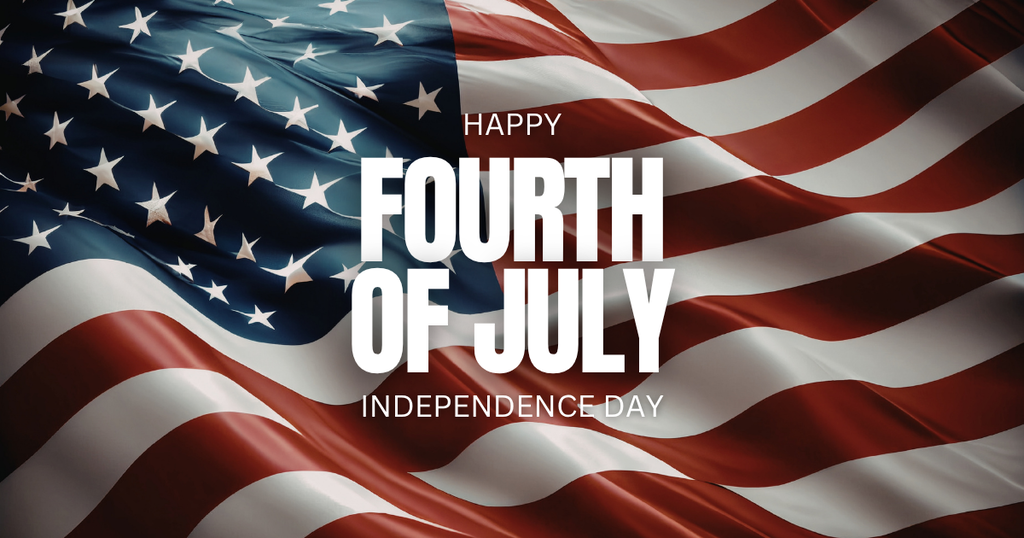 HAPPY FOURTH OF JULY WITH A FLAG BACKGROUND.