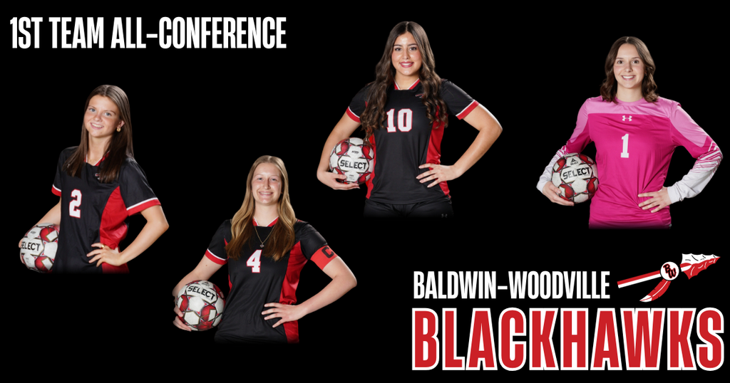1st Team All Conference Girls Soccer Players holding soccer balls and smiling