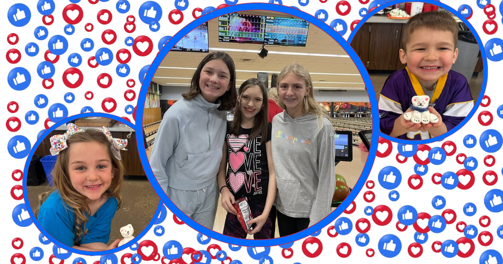 A festive photo collage of smiling kids. Three girls pose at a bowling alley in the center, flanked by a young girl with a hair bow and a young boy holding a small craft. The background is filled with red hearts and blue thumbs-up icons.
