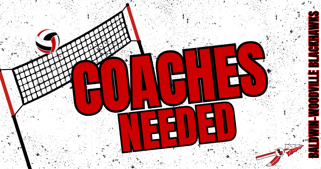 Coaches Needed in red writing with a black border. there is a volleyball net and volleyball on the left side of the image.