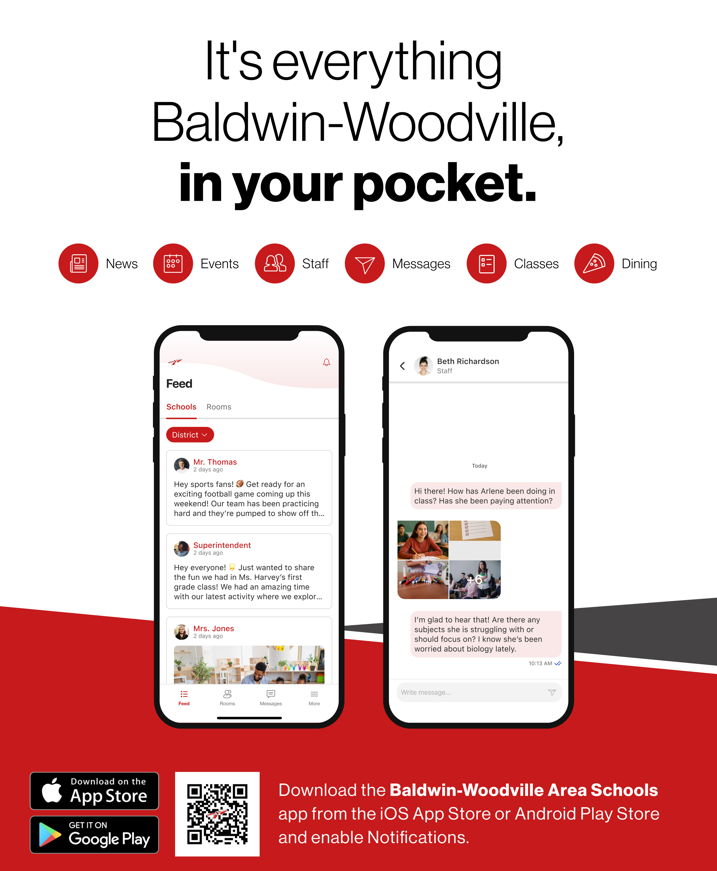 Promotional graphic for the Baldwin-Woodville Area Schools app featuring the headline "It's everything Baldwin-Woodville, in your pocket," app icons for features like News, Events, and Messages, phone mockups displaying the feed and chat interface, a QR code, and download buttons for the App Store and Google Play.