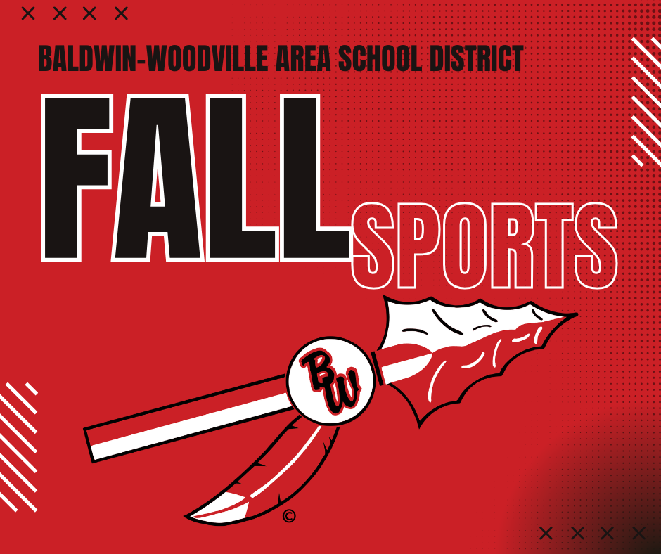 Baldwin-Woodville Area School District Fall Sports graphic featuring the school district logo over a red background