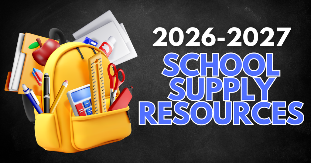 Graphic on a dark background with the text "2026–2027 SCHOOL SUPPLY RESOURCES" alongside a 3D illustration of a bright yellow backpack overflowing with school supplies, including notebooks, pencils, a ruler, scissors, and a calculator.