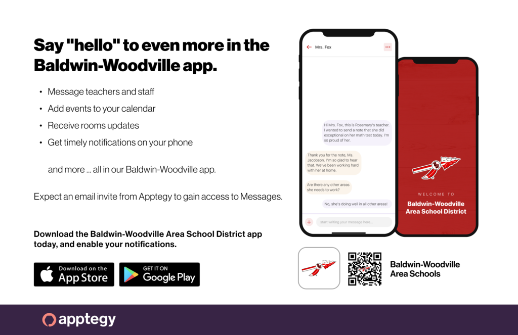 Promotional graphic for the Baldwin-Woodville app highlighting features like messaging teachers, calendar events, room updates, and notifications.