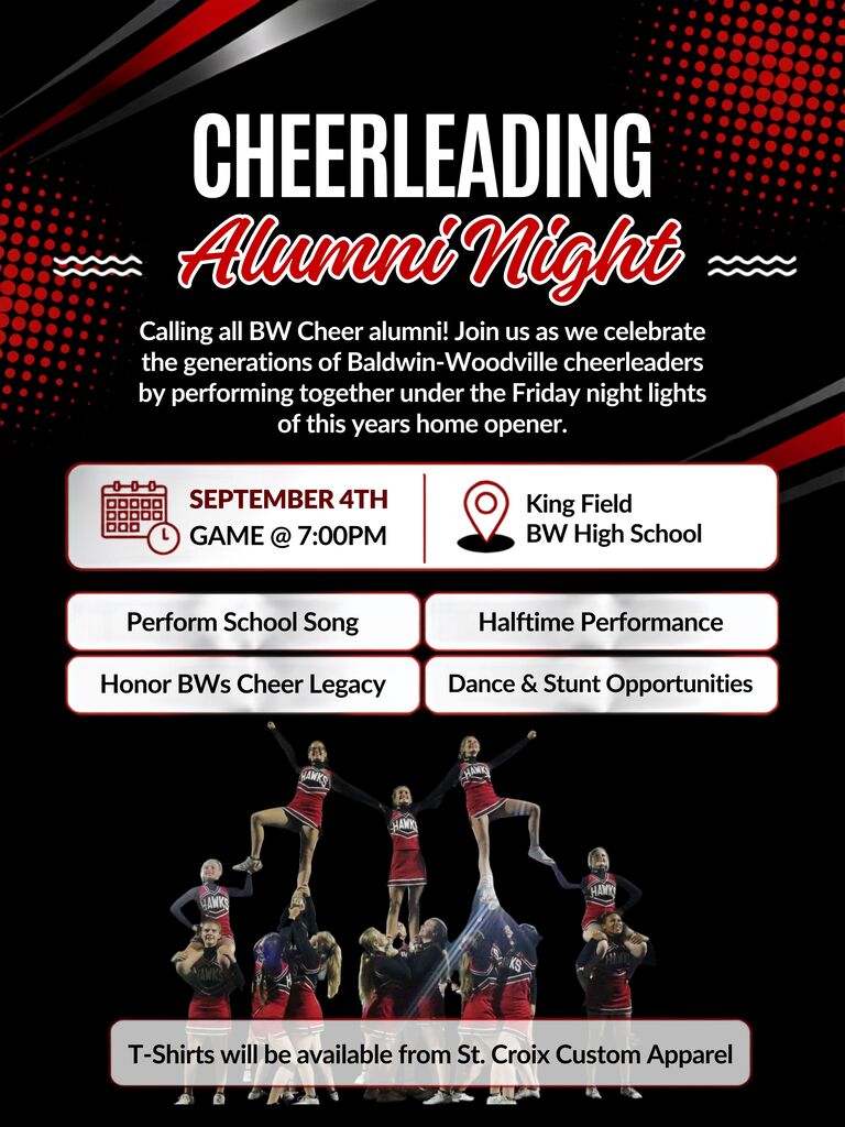 Event flyer titled "Cheerleading Alumni Night" in bold red and white lettering on a black and red textured background.