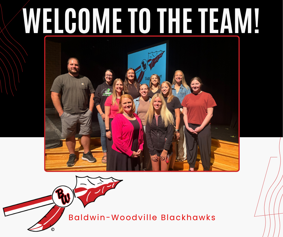 The official Baldwin-Woodville Blackhawks logo, featuring a red and white spearhead with a red feather hanging from a circular crest labeled with the black initials "BW," set against a solid black background.
