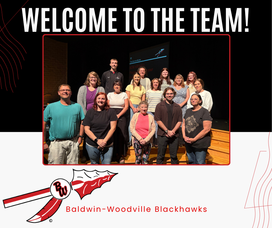 The official Baldwin-Woodville Blackhawks logo, featuring a red and white spearhead with a red feather hanging from a circular crest labeled with the black initials "BW," set against a solid black background.
