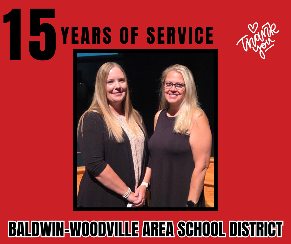 Red Background with black lettering that states 15 years of service.  White font that says Thank you