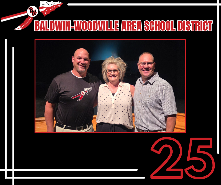 Three Baldwin-Woodville Area School District staff members pose together for a 25-year milestone recognition photo.