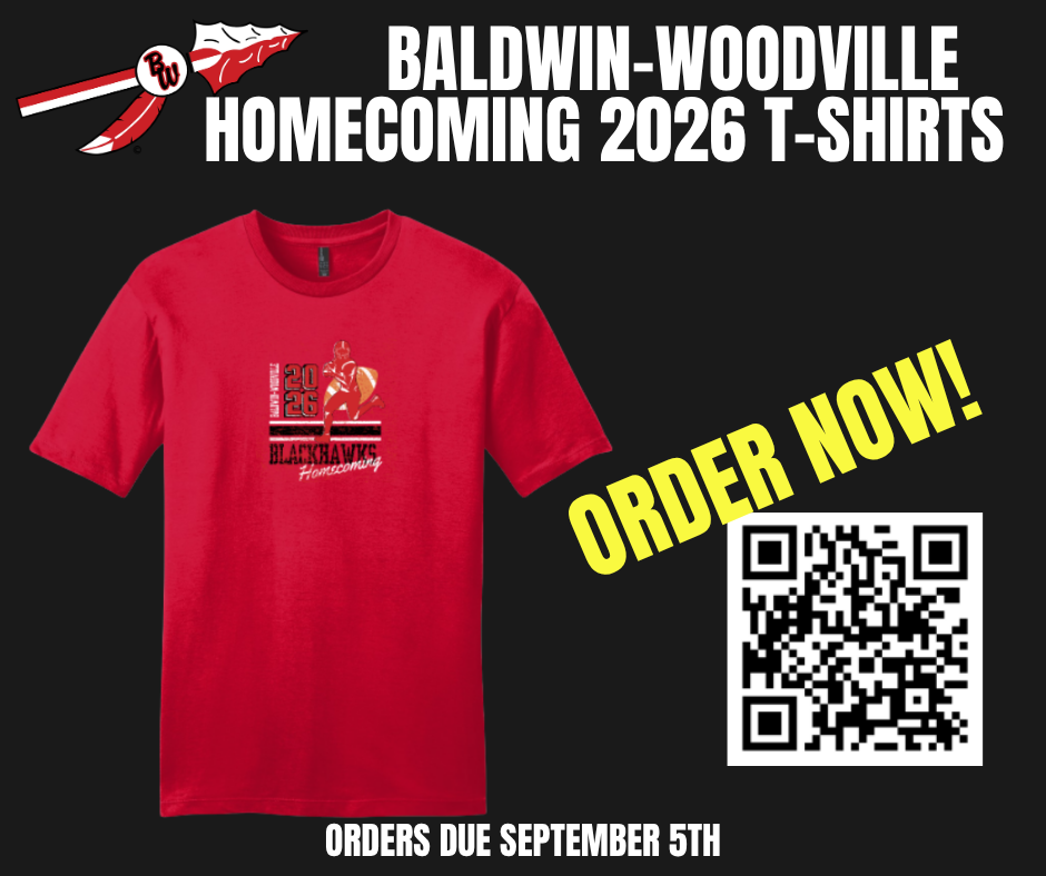 Baldwin-Woodville Blackhawks emblem featuring a stylized spearhead with a red base and white tip, attached to a red and white shaft. A circular white medallion with black "BW" lettering sits at the center, anchored by a red and white hanging feather.